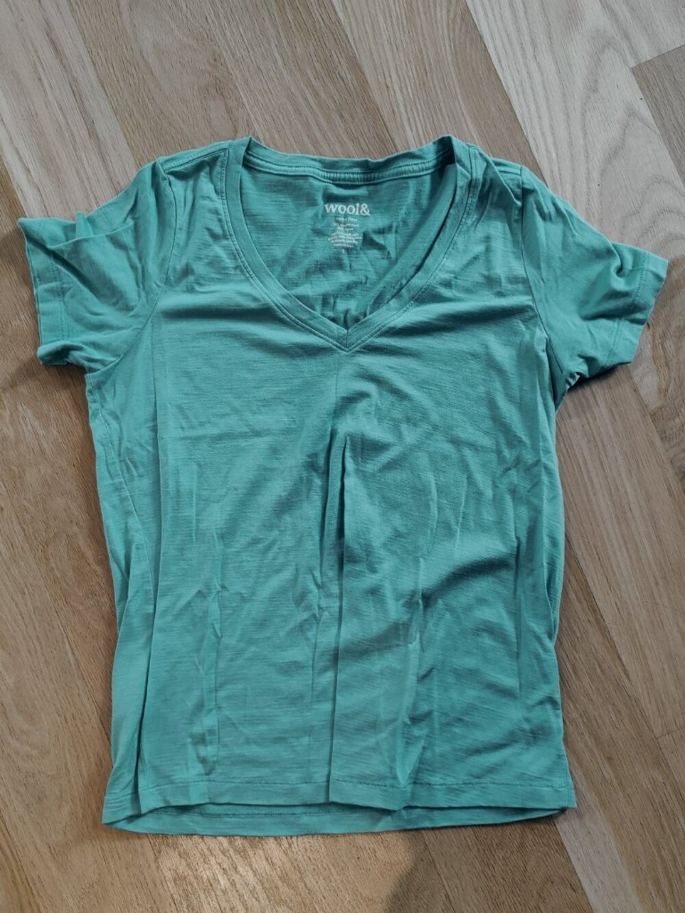Wool& Morgan V-Neck Tee Size Small S Merino Teal Seafoam Green